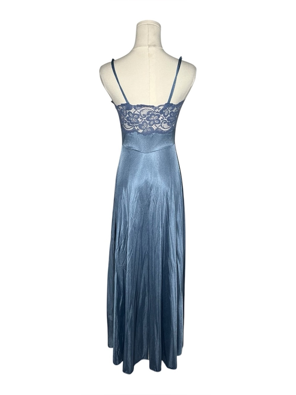 60s Vintage Cornflower Blue Lace Slip Maxi Nightgown Union Made Coquette - Picture 2 of 10